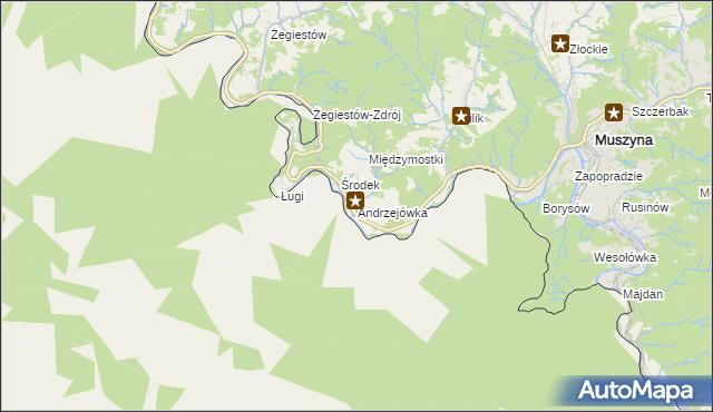 mapa Andrzejówka gmina Muszyna, Andrzejówka gmina Muszyna na mapie Targeo