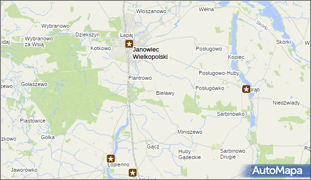 mapa Bielawy gmina Janowiec Wielkopolski, Bielawy gmina Janowiec Wielkopolski na mapie Targeo