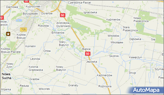 mapa Bielice gmina Sochaczew, Bielice gmina Sochaczew na mapie Targeo