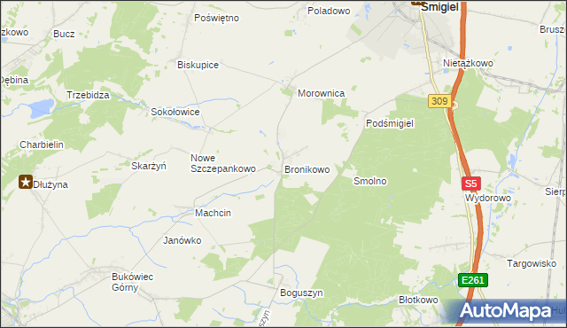 mapa Bronikowo gmina Śmigiel, Bronikowo gmina Śmigiel na mapie Targeo