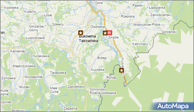 mapa Brzegi gmina Bukowina Tatrzańska, Brzegi gmina Bukowina Tatrzańska na mapie Targeo
