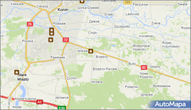 mapa Brzeźno gmina Krzymów, Brzeźno gmina Krzymów na mapie Targeo