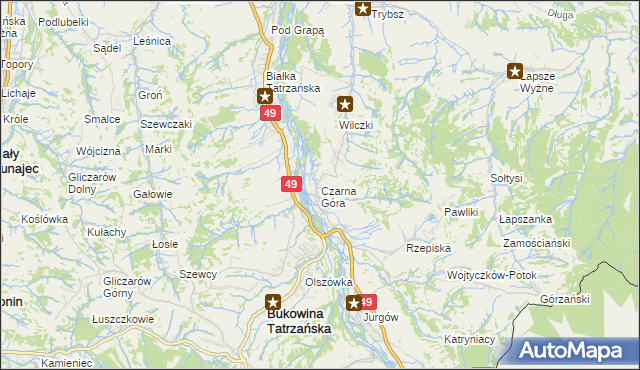 mapa Czarna Góra gmina Bukowina Tatrzańska, Czarna Góra gmina Bukowina Tatrzańska na mapie Targeo