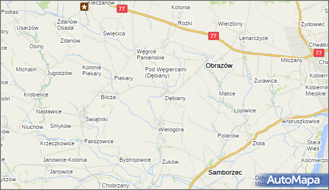 mapa Dębiany gmina Obrazów, Dębiany gmina Obrazów na mapie Targeo