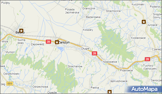 mapa Długie gmina Zarszyn, Długie gmina Zarszyn na mapie Targeo