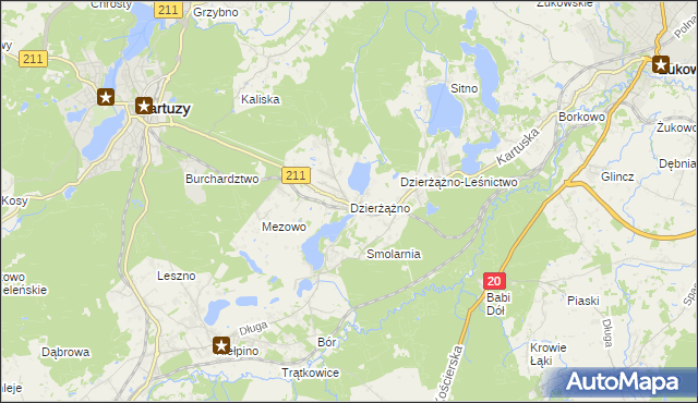 mapa Dzierżążno gmina Kartuzy, Dzierżążno gmina Kartuzy na mapie Targeo