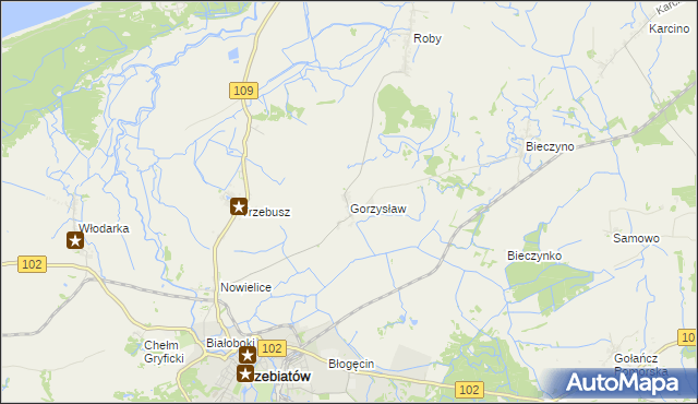 mapa Gorzysław gmina Trzebiatów, Gorzysław gmina Trzebiatów na mapie Targeo