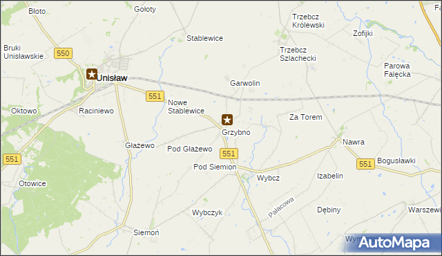 mapa Grzybno gmina Unisław, Grzybno gmina Unisław na mapie Targeo