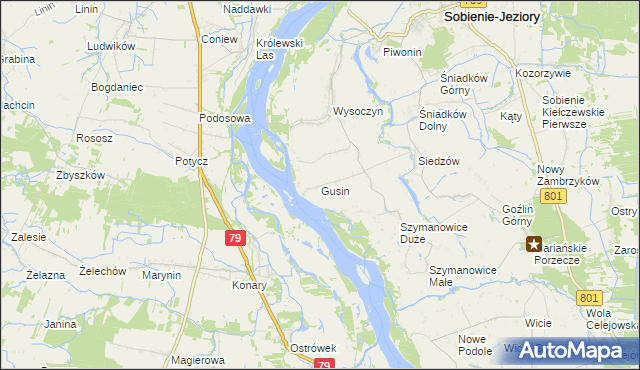 mapa Gusin gmina Sobienie-Jeziory, Gusin gmina Sobienie-Jeziory na mapie Targeo