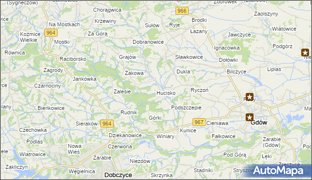 mapa Hucisko gmina Gdów, Hucisko gmina Gdów na mapie Targeo