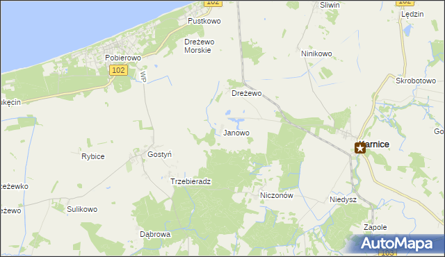 mapa Janowo gmina Karnice, Janowo gmina Karnice na mapie Targeo