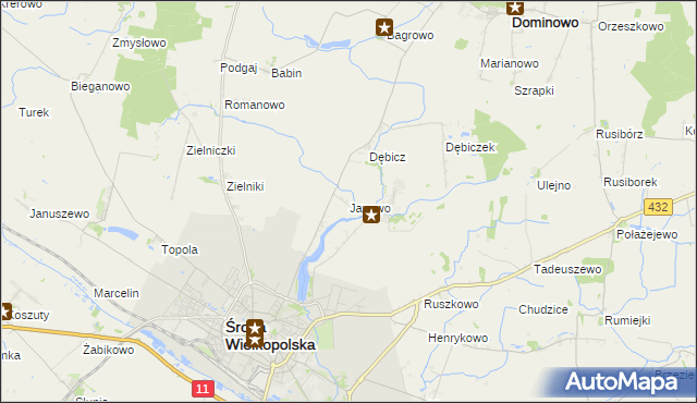 mapa Janowo gmina Środa Wielkopolska, Janowo gmina Środa Wielkopolska na mapie Targeo