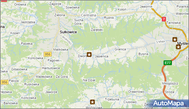 mapa Jasienica gmina Myślenice, Jasienica gmina Myślenice na mapie Targeo