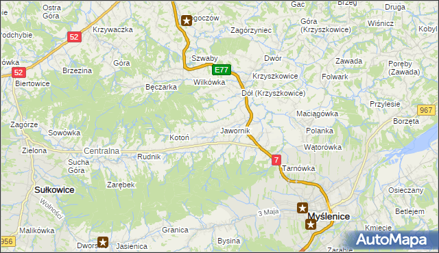 mapa Jawornik gmina Myślenice, Jawornik gmina Myślenice na mapie Targeo