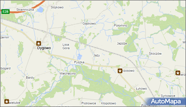 mapa Jazy gmina Dygowo, Jazy gmina Dygowo na mapie Targeo