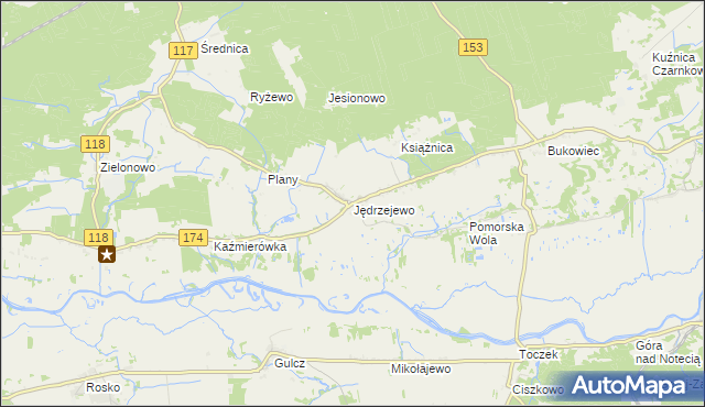 mapa Jędrzejewo gmina Czarnków, Jędrzejewo gmina Czarnków na mapie Targeo