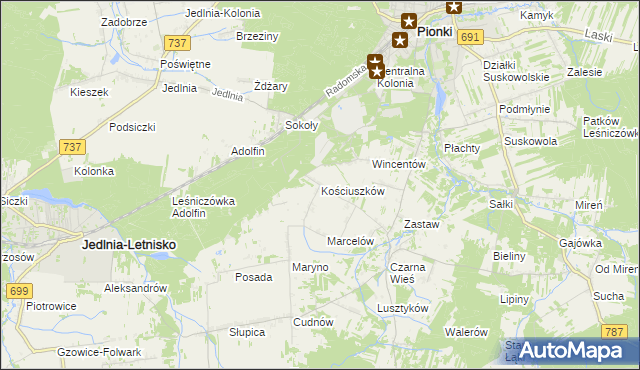 mapa Kościuszków gmina Pionki, Kościuszków gmina Pionki na mapie Targeo