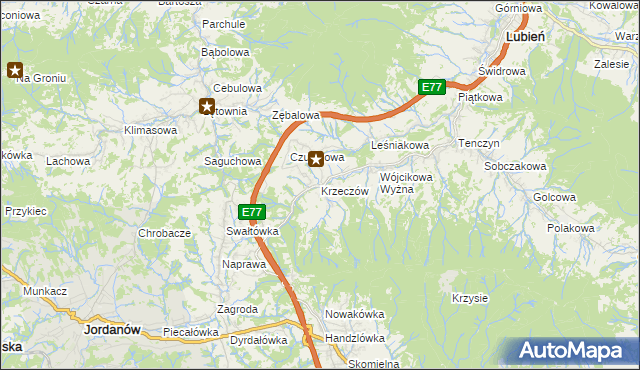mapa Krzeczów gmina Lubień, Krzeczów gmina Lubień na mapie Targeo