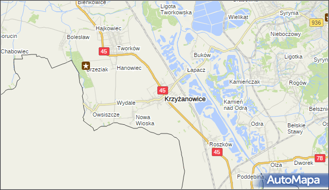 mapa Krzyżanowice powiat raciborski, Krzyżanowice powiat raciborski na mapie Targeo