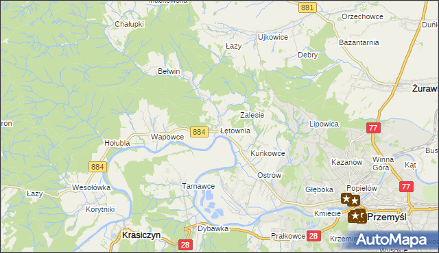 mapa Łętownia gmina Przemyśl, Łętownia gmina Przemyśl na mapie Targeo