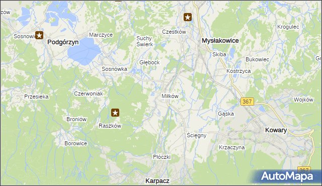 mapa Miłków gmina Podgórzyn, Miłków gmina Podgórzyn na mapie Targeo