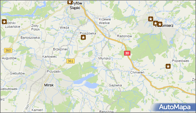 mapa Młyńsko gmina Gryfów Śląski, Młyńsko gmina Gryfów Śląski na mapie Targeo