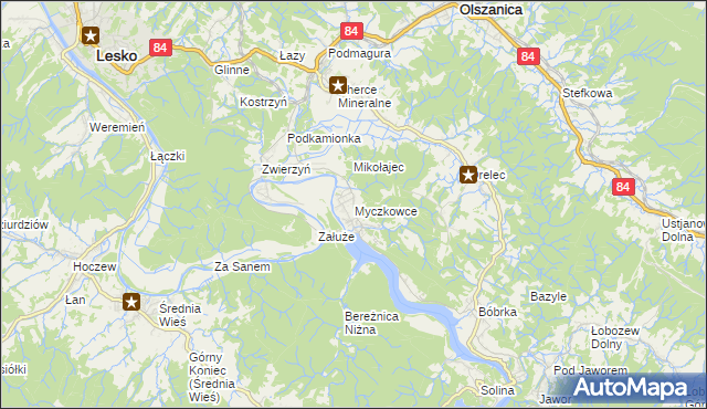 mapa Myczkowce, Myczkowce na mapie Targeo