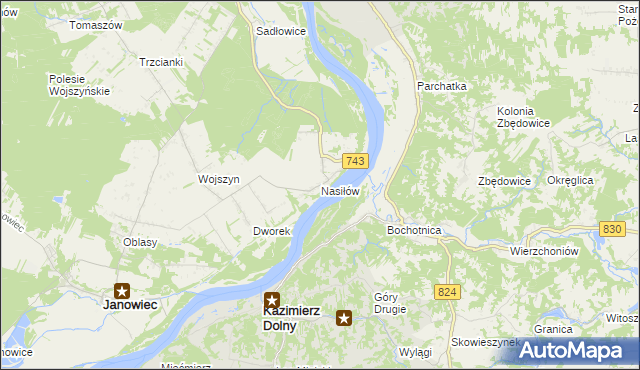 mapa Nasiłów gmina Janowiec, Nasiłów gmina Janowiec na mapie Targeo