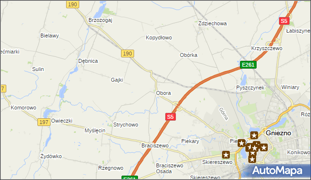 mapa Obora gmina Gniezno, Obora gmina Gniezno na mapie Targeo