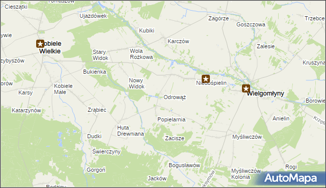mapa Odrowąż gmina Wielgomłyny, Odrowąż gmina Wielgomłyny na mapie Targeo