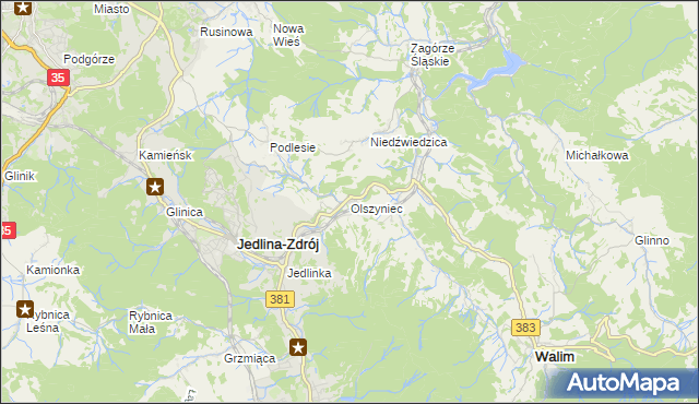 mapa Olszyniec gmina Walim, Olszyniec gmina Walim na mapie Targeo