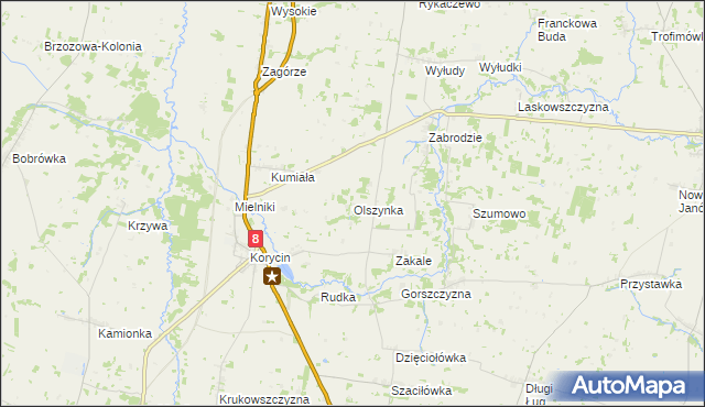mapa Olszynka gmina Korycin, Olszynka gmina Korycin na mapie Targeo