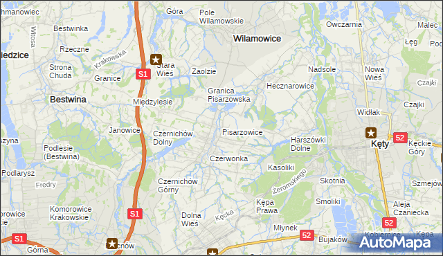 mapa Pisarzowice gmina Wilamowice, Pisarzowice gmina Wilamowice na mapie Targeo