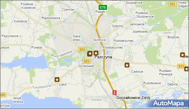 mapa Pszczyny, Pszczyna na mapie Targeo