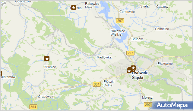 mapa Radłówka gmina Lwówek Śląski, Radłówka gmina Lwówek Śląski na mapie Targeo