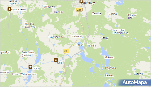 mapa Raduń gmina Dziemiany, Raduń gmina Dziemiany na mapie Targeo