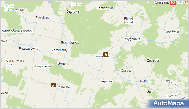 mapa Romanów gmina Sosnówka, Romanów gmina Sosnówka na mapie Targeo