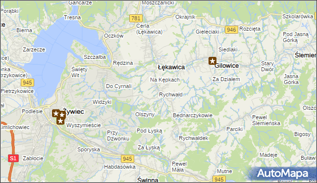 mapa Rychwałd gmina Gilowice, Rychwałd gmina Gilowice na mapie Targeo