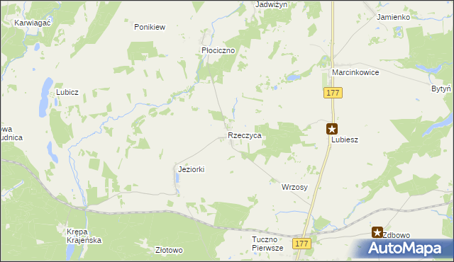 mapa Rzeczyca gmina Tuczno, Rzeczyca gmina Tuczno na mapie Targeo