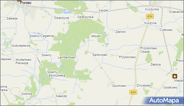 mapa Sarbinowo gmina Poniec, Sarbinowo gmina Poniec na mapie Targeo