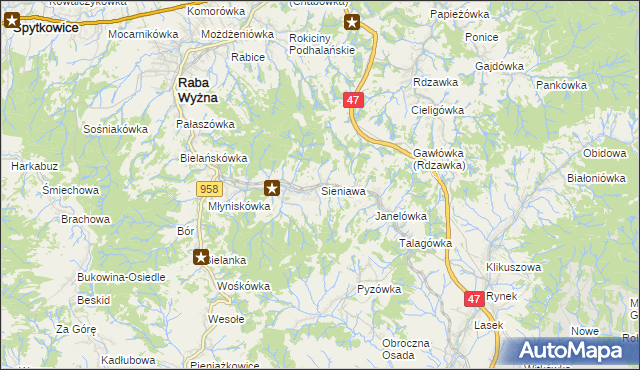 mapa Sieniawa gmina Raba Wyżna, Sieniawa gmina Raba Wyżna na mapie Targeo
