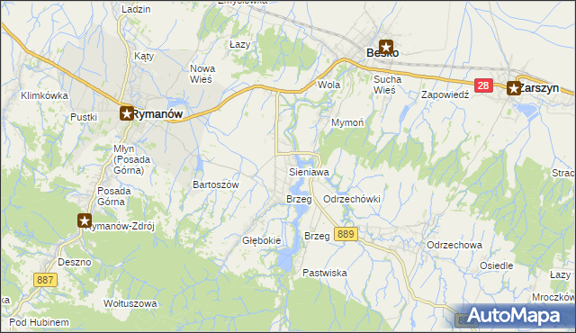 mapa Sieniawa gmina Rymanów, Sieniawa gmina Rymanów na mapie Targeo