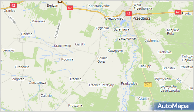 mapa Sokola Góra gmina Wielgomłyny, Sokola Góra gmina Wielgomłyny na mapie Targeo