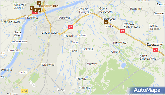 mapa Sokolniki gmina Gorzyce, Sokolniki gmina Gorzyce na mapie Targeo