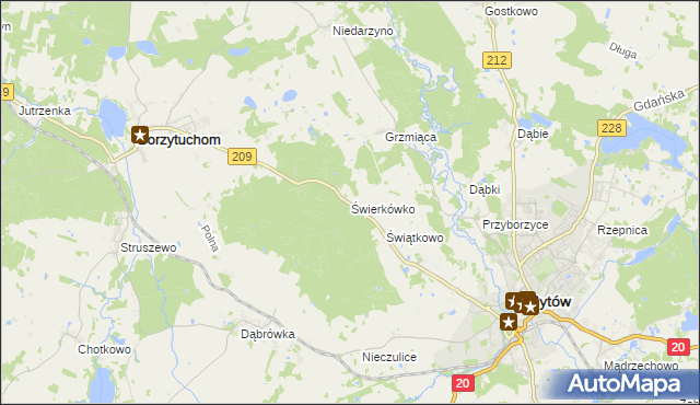 mapa Świerkówko gmina Bytów, Świerkówko gmina Bytów na mapie Targeo