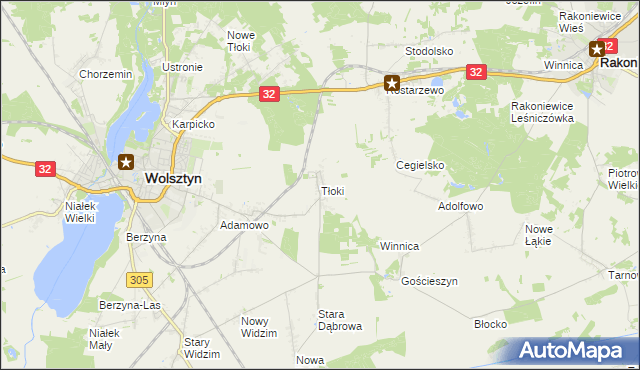 mapa Tłoki gmina Wolsztyn, Tłoki gmina Wolsztyn na mapie Targeo