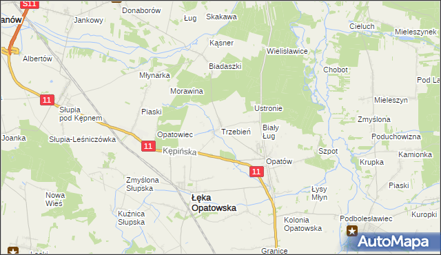 mapa Trzebień gmina Łęka Opatowska, Trzebień gmina Łęka Opatowska na mapie Targeo