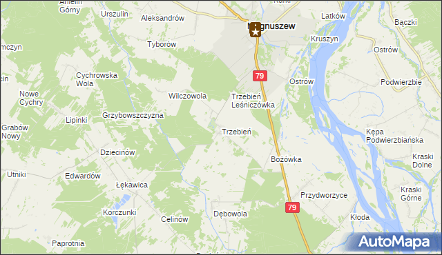 mapa Trzebień gmina Magnuszew, Trzebień gmina Magnuszew na mapie Targeo
