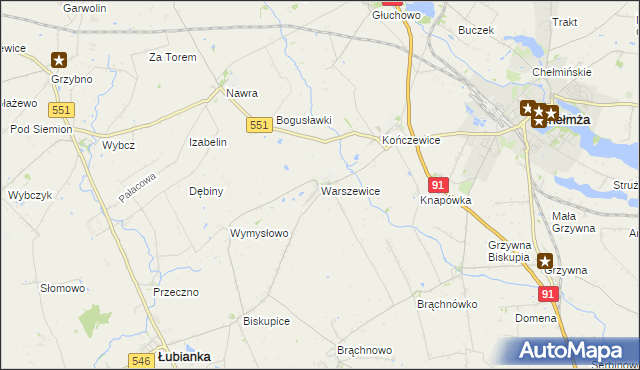 mapa Warszewice gmina Łubianka, Warszewice gmina Łubianka na mapie Targeo