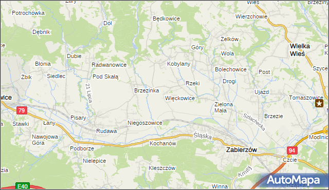 mapa Więckowice gmina Zabierzów, Więckowice gmina Zabierzów na mapie Targeo
